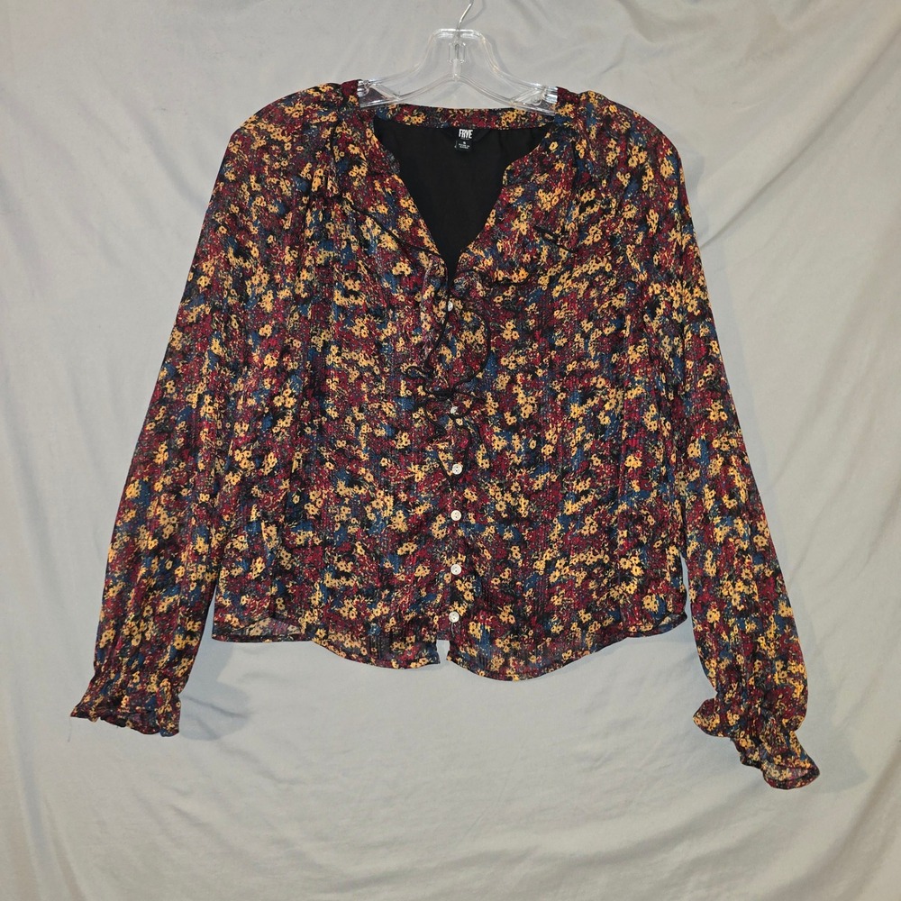 Frye Floral Ruffle Blouse L Womens Multi Metallic Button Front Long Sleeve Top